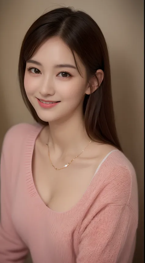 ((Night, Realistic Light, Best Quality, 8K, Masterpiece: 1.3)), 1girl, Slim Beauty: 1.4, Abs: 1.1, (Brown hair, Medium breasts: 1.3), Long pink sweater: 1.1, Bathroom, Super fine face, Delicate eyes, Double eyelids, smile, necklace