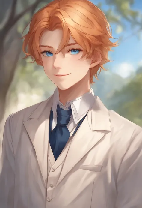 14 year old boy, long light orange hair tied back, blue eyes, butler outfit, gentle smile