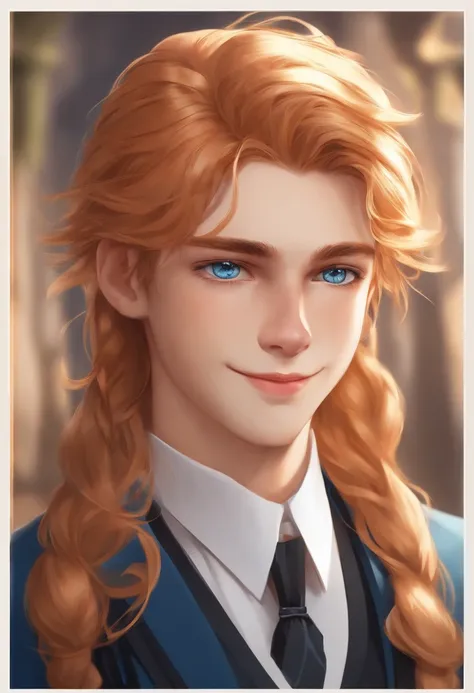 14 year old boy, long light orange hair tied back, blue eyes, butler outfit, gentle smile