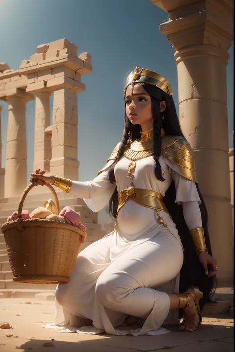 An artistic depiction of the princess of Egypt finding baby Moses in the basket.