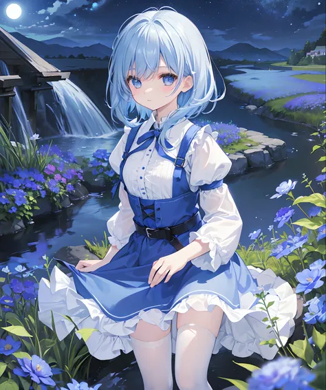 (​masterpiece、top-quality)、Field of blue plants and flowers、light blue hair of medium length,、Warm moonlight、blurred foreground、river bank、Black eyes、frilld、Light Blue Alice Dress、white tights、garterbelts、Face Highlights