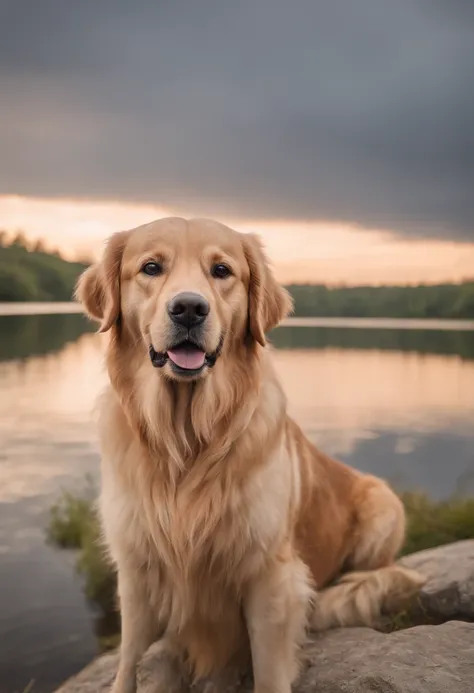 Golden Retriever Dog, surreal, tense, warm, highly detailed, sharp, professional, 8k UHD, movie, dark, violent, outdoor, river, battle, chase, dramatic, vivid, tense atmosphere, rendering, epic, twilight, HDR, album cover, blizzard, Standing on a rock in a...