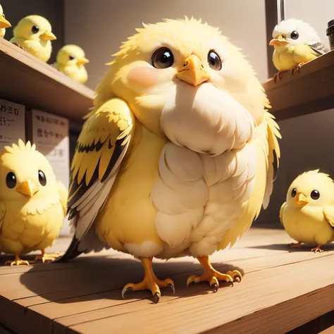 Chick、birdie、Yellow all over、round head、Round body、Round character design、illustratio、friendly、adorable eyes、fluffy plumage