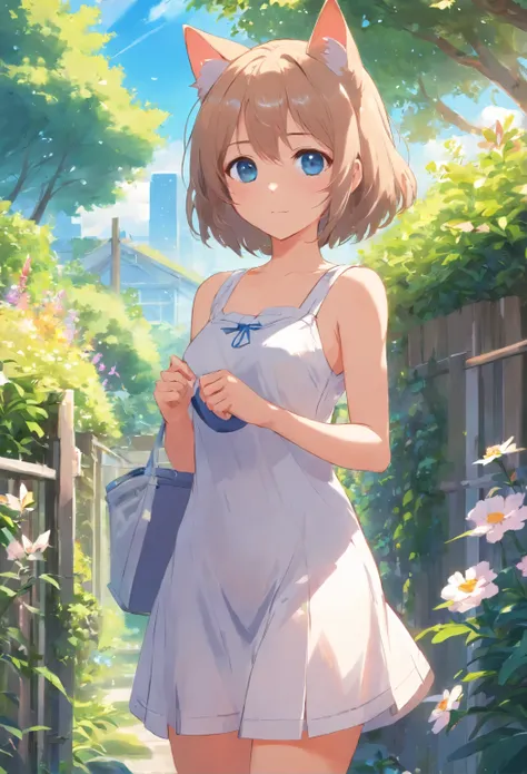 Cat-eared girl in white dress standing in garden, Break，silber hair，eBlue eyes，(((Sleeveless)))，Hang laundry to dry，Holding a laundry basket with clothes，loli in dress, small curvaceous loli, Guviz-style artwork, Guweiz in Pixiv ArtStation, Guweiz on ArtSt...