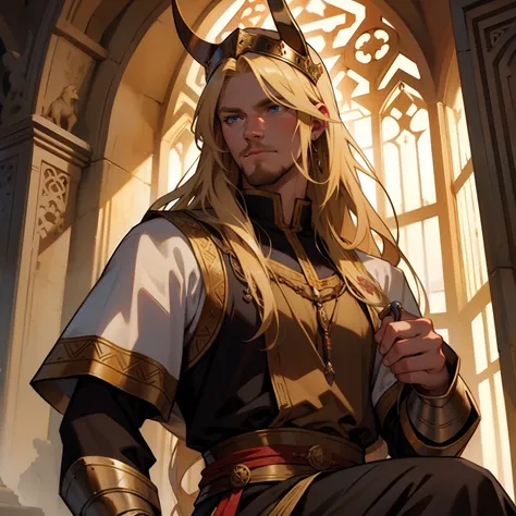 Viking King. Beautiful Long Blonde Hair. Medieval art