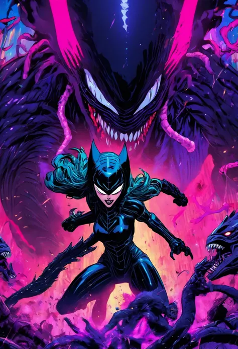 epic battle, catwoman vs xenomorph monster, vibrant colors