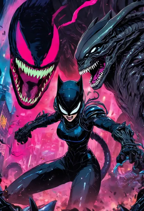 epic battle, catwoman vs xenomorph monster, vibrant colors