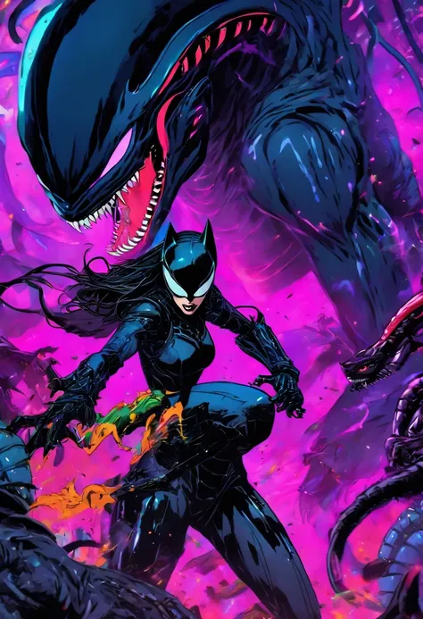 epic battle, catwoman vs xenomorph monster, vibrant colors