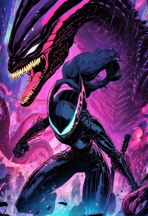 epic battle, catwoman vs xenomorph monster, vibrant colors