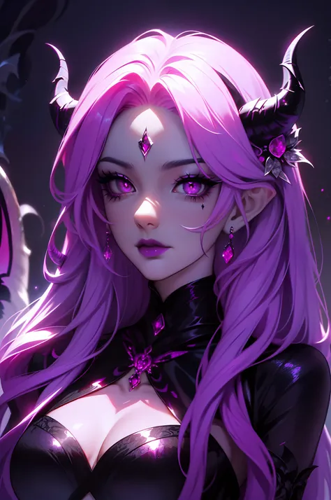 Lilith, the enchanting demon queen. Her presence radiates an aura of dark elegance and power. Render her with flowing, black-to-purple ombre hair that cascades down her back, shimmering with an otherworldly luster. Her skin, a striking shade of gray, adds ...