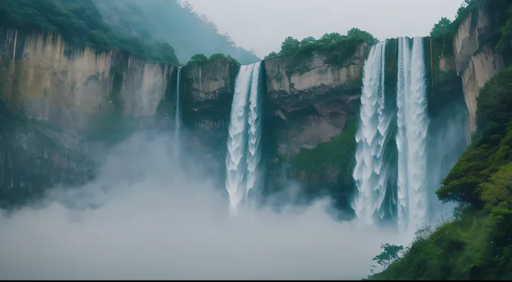 There is a cliff in front，background is waterfall, Waterfall in the distance, Fog from the waterfall, falls, Spectacular, realistic cinematic visuals, There are no people、No buildings、floating waterfalls, huge waterfall, an endless waterfall, Realistic wat...