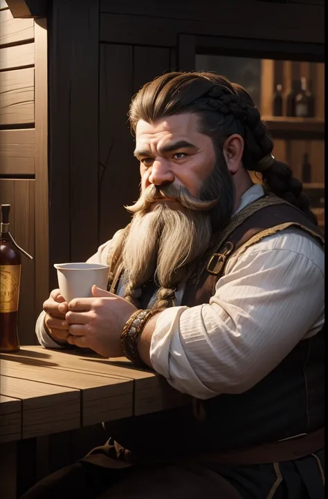 A tavern dwarf with a large beard with two braids in it, realista, detalhado, ultradetalhado