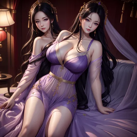 China，A mom，The skin is very white，Supple beauty，purple sheets, Behind purple  curtains, purple  curtains, purple  and cinematic lighting, fully covered in drapes,purple  cloth, purple  mood in background, boudoir photography, draped in flowing fabric, 4 k...