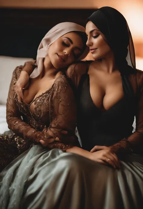 Lesbians, hijab, long dress, big boobs, lingerie, Nipple, romantic, in room, on bed, sexy, seductive, looking at each others face, love, sexy