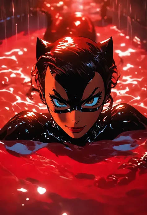 ultra realisitc photograph, Catwoman laying in a pool of milk and thick red liquid, drenched thick red liquid, dark cinematic lighting, evil