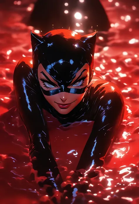 ultra realisitc photograph, Catwoman laying in a pool of milk and thick red liquid, drenched thick red liquid, dark cinematic lighting, evil