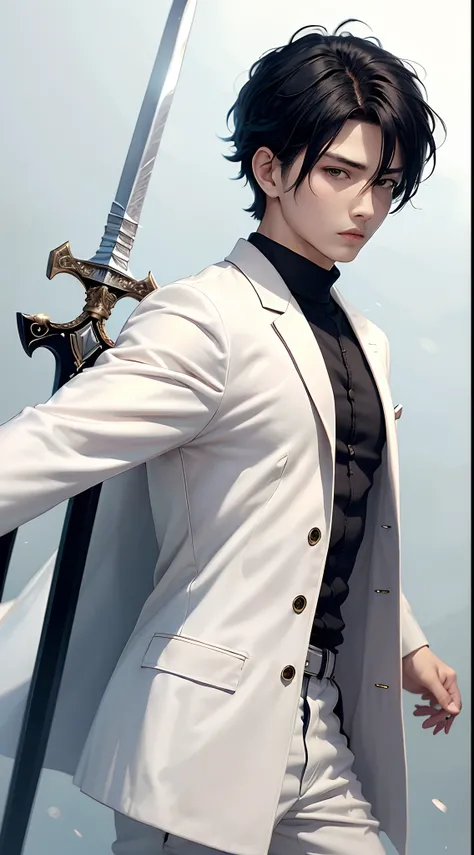 Boy, anime, kim dokja, black hair, white coat, black pant, two block haircut, sword