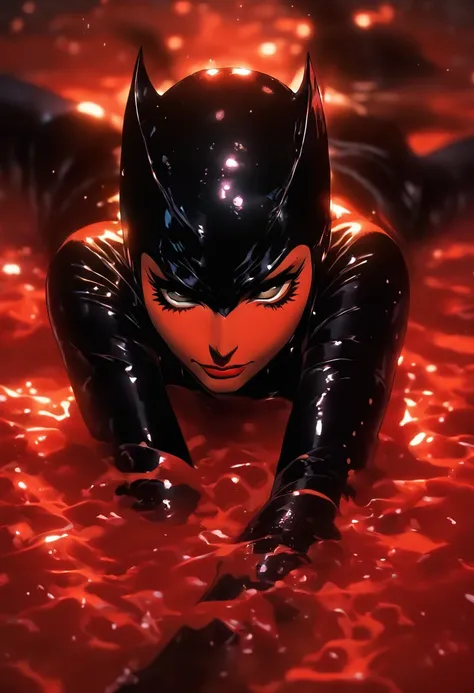 ultra realisitc photograph, full body Catwoman laying in a pool of milk and thick red liquid, drenched thick red liquid, dark cinematic lighting, evil