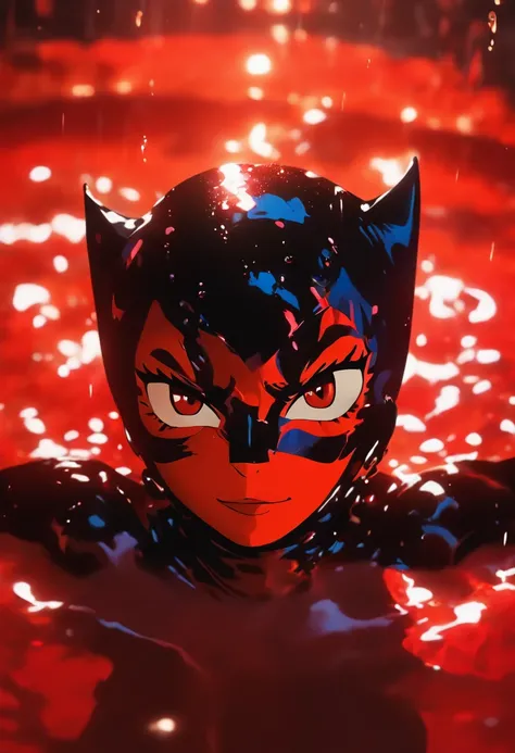 ultra realisitc photograph, full body Catwoman laying in a pool of milk and thick red liquid, drenched thick red liquid, dark cinematic lighting, evil