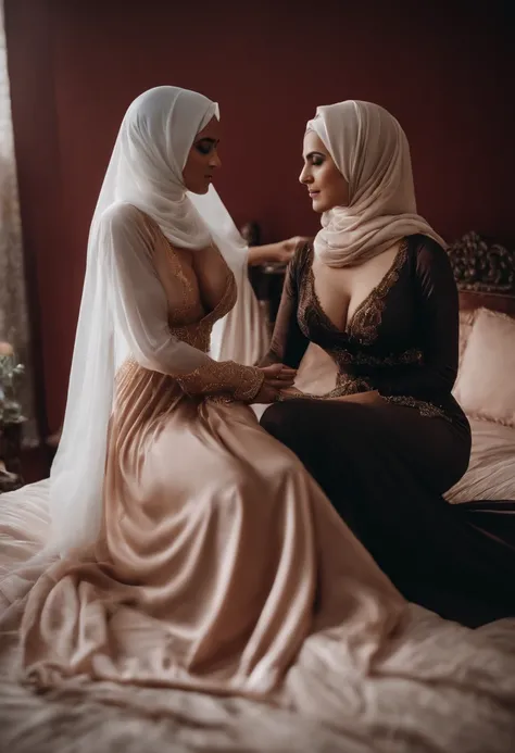 Lesbians, hijab, long dress, big boobs, Nipple, romantic, in room, on bed, sexy, seductive, looking at each others face, love, sexy, soft Lighting, want to fuck, with dildo