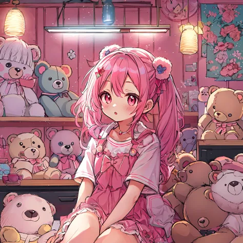 absurderes, hight resolution, (Anime style:1.1), ((masutepiece)), ((Best Quality)), (Ultra-detailed), (Beautiful), 独奏, Beautiful face、(liftup),12year old、Your own cute room、pink wall paper、Lots of detailed and cute stuffed animals lined up.、Beautiful and v...