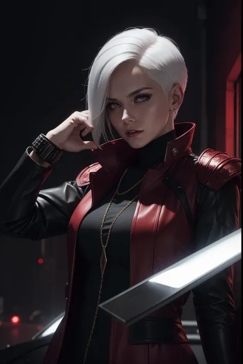 Image of a woman with short white hair with her shaved side thrown to the side in a crimson overcoat with black clothes and metal bracelets with a confident expression preparing for a battle, Estilo futurista, visto da cintura para cima, Foto realista, 4k,...