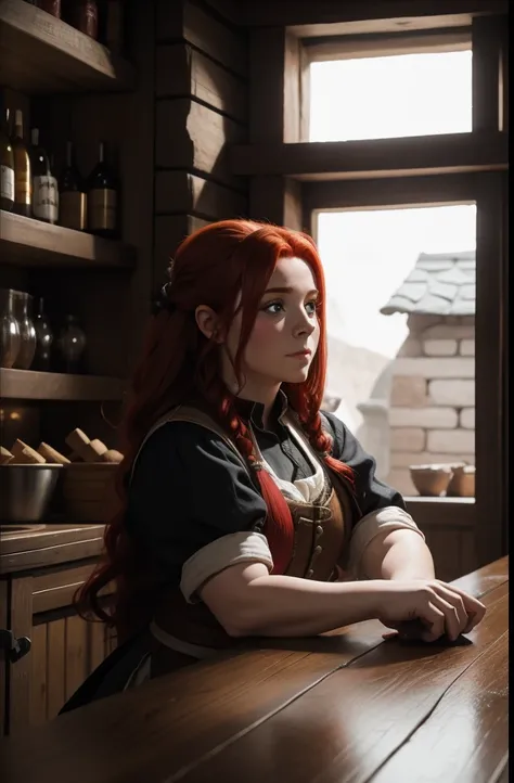 A red-haired dwarf woman working in a tavern, realista, detalhado, ultradetalhado