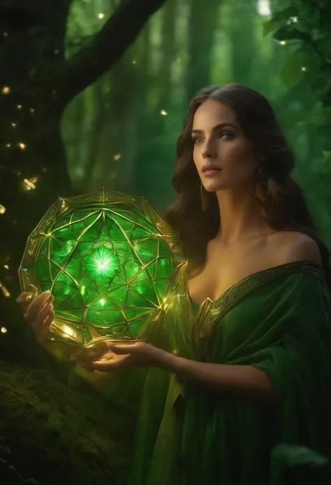 A powerful spell，Create a magical protective barrier, A woman uses green magic to summon a perfect magic shield，Perfect for fantasy worlds.