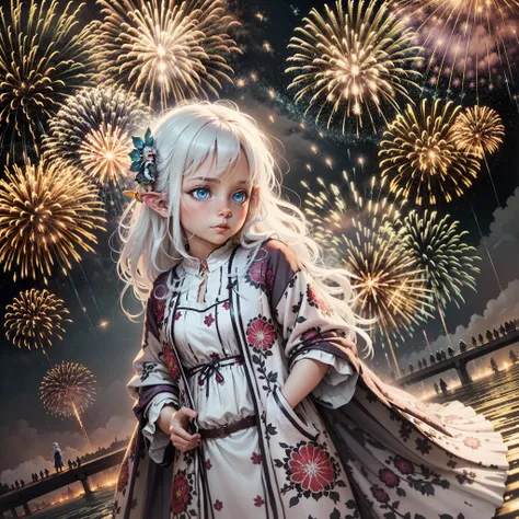 Realistic scenery, ultra - detailed, the night， full-body portraits ,Child elves, White hair,  Blue eyes, White clothes, , Hands in pockets, Fireworks explode in the sky , The fireworks are huge，Spectacular fireworks display.