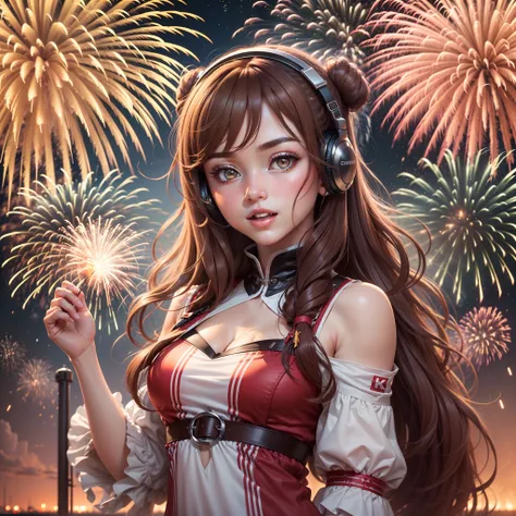 ((Best quality))) (((HD))) (((8K))) (Character) 20-year-old girl, ((Adventurous)) elf, ((Beautiful)) and ((cheerfulness)), ((Brown hair)) and ((Long hair)).Fireworks explode in the sky , The fireworks are huge，Spectacular fireworks display.