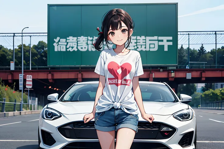 Best quality、超A high resolution、full bodyesbil back tied hair girl、Wear a boyfriend-style t-shirt，Stand in front of a white car，88 highway background， Cute happy smile