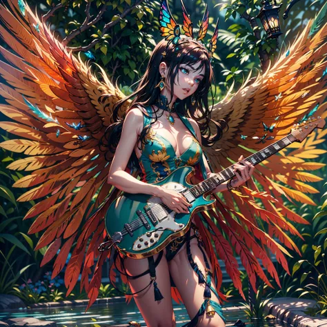 Sun Masterpiece ultra deep forest path Goddess play guitar case micro jukebox graduate equirectangular_360 Beholder urban "medieval" priestess Caduceus crux global luminescence saturate Sunlight ecstatic volumetric lightning contrast meticulously intricate...