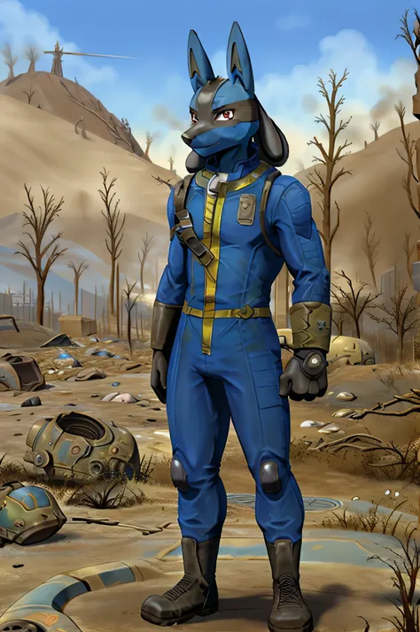 ((lucario pokemon)), (((wearing fallout vault jumpsuit))), fallout, wasteland, standing, male