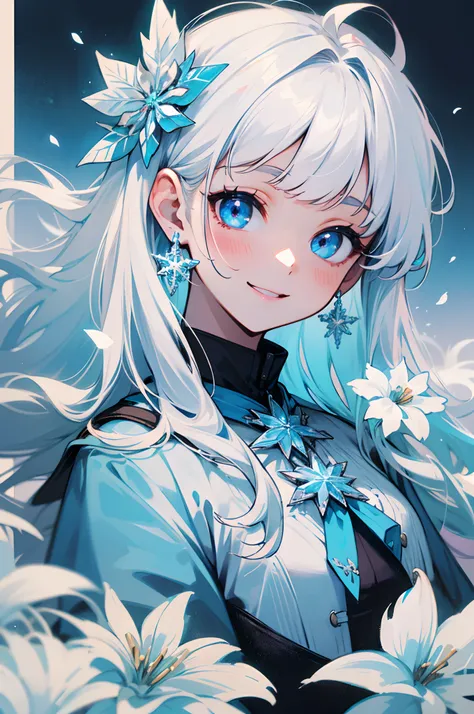 (best quality,highres:1.2),portrait,white hair,long hair,blue eyes,girl,18 years old,big chest,soft bangs,small white flower brooch,small snowflake earrings,white and blue color tones,clothing with a cheerful smile