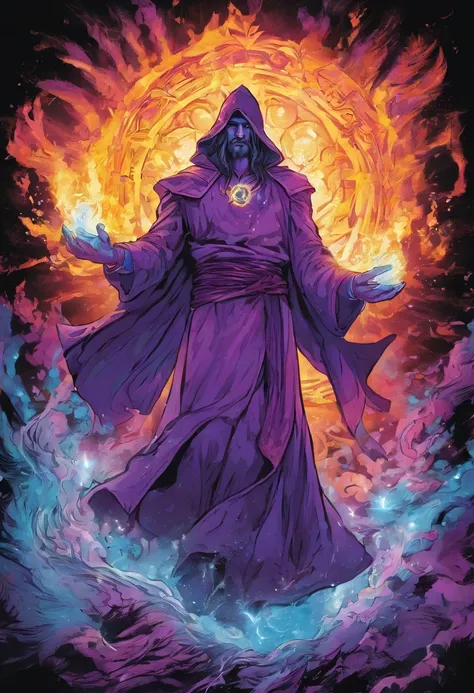 Sorcerer ,Purple aura emanating from his body , Fire and water magic in his hands,