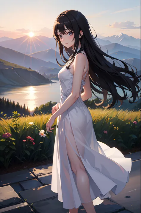 Illuminated by the setting sun、Pretty girl。a smile。The long white dress、Flowing in the breeze。Dark hair、Long、Black eyes。on a hill、In the distance、You can see the beautiful mountains。Face Highlights