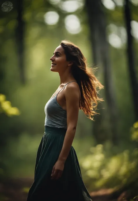 High resolution, (Official art, Beautiful and aesthetic: 1.2), Close View, Vast world, girl, Running, Refreshing smile, Long skirt, Distant horizon, forest, natural beauty, inspiration, light effect  ,barechested,