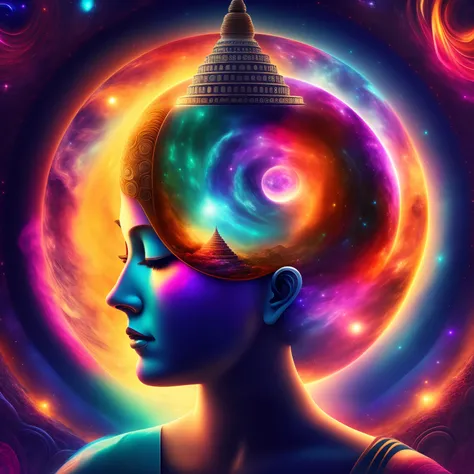 4K, highly detailed, universe background, a woman connecting with memory of universe, (tiny Buddha inside her brain:1.1), energy, chakra, dreamlikeart, psychedelic hallucination, from front