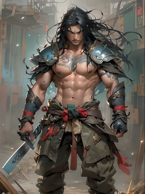 (((mtu))), (((best qualityer))), (((tmasterpiece))), (((AS-Adult))), ((( Japanese ))), Look up from your knees, Handsome Asian samurai，perfect body figure, Modern samurai, ((( Asian))), Wear gloves on your hands，The left arm is made of steel and metal tips...