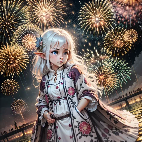 Realistic scenery, ultra - detailed, the night， full-body portraits ,Child elves, White hair,  Blue eyes, White clothes, , Hands in pockets, Fireworks explode in the sky , The fireworks are huge，Spectacular fireworks display.