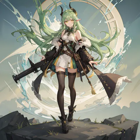 ((live 2D))  masterpiece, 1girl, full body, stands straight, steampunk clothes, military clothing, looking at viewer, detailed face, girl with green wavy hair, bangs, metal sheep horns, gradient hair, multicolored hair, light green hair, turquoise hair tip...