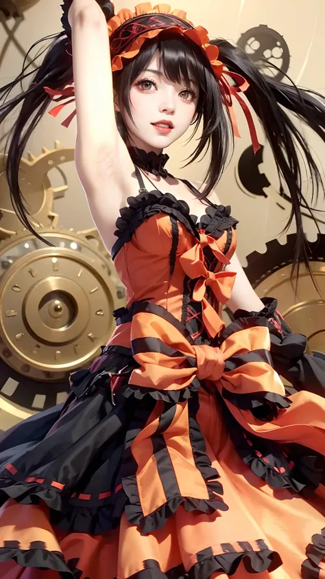 tokisaki kurumi, 1girl, heterochromia, symbol-shaped pupils, black hair, solo, red eyes, yellow eyes, hairband, armpits, long hair, clock eyes, lolita fashion, lolita hairband, twintails, clock, dress, medium breasts, cleavage, breasts, smile, looking at v...