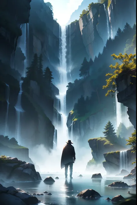 Shadow man, distant, under a waterfall, rocks around the waterfall, ((artwork)), ((image from afar)), ((expansive image)). 4K, ((high quality))