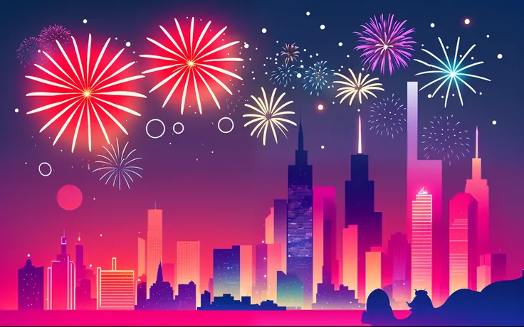 a cartoon of a city skyline with fireworks and a elephant, inspired by James Gilleard, james gilleard artwork, in style of james gilleard, inspired by Emiliano Ponzi, fourth of july, stylized illustration, jen bartel, fireworks in background, stylized digi...