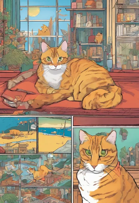 American comics, The comic story is presented in multiple irregular colored panels. American shorthair cats go through hardships when they run away from home，Then reunite with the host. The style is exaggerated and meticulous