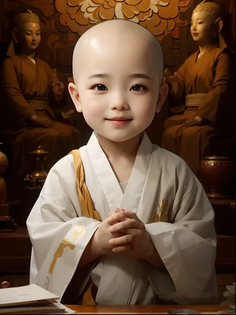 A 3-year-old bald monk，Wearing a white monks robe，Chubby little face，Big round eyes，A  High Bridge of nose，With a smile，had his hands folded，Sit cross-legged。Lotus pattern on background。k hd