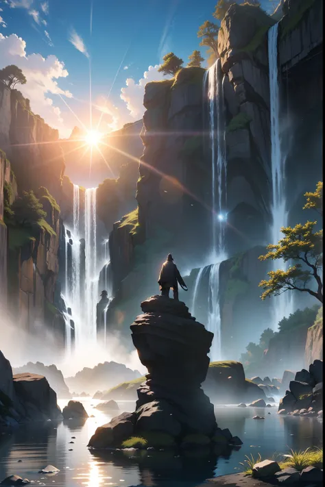 Shadow man, distant, under a waterfall, rocks around the waterfall, reflections of the sun ,((work of art)), ((image from afar)), ((expansive image)). 4K, ((high quality))