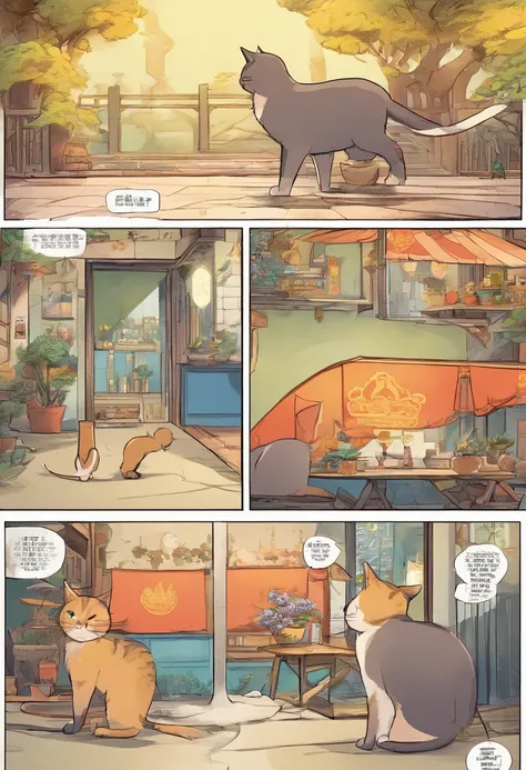 Chinese Cartoons, The comic story is presented in multiple irregular colored panels. Chinese shorthair cats have experienced hardships running away from home，Then reunite with the host. The style is exaggerated and meticulous