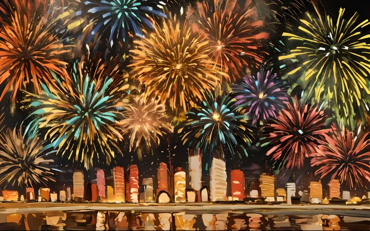 fireworks over the city painting, celebrating, fireworks in background, fireworks, fireworks on the background, the city is on fire, fireworks in the background, spectacular, vibrant art, firework, new years eve, celebration, [ fireworks in the sky ]!!, am...