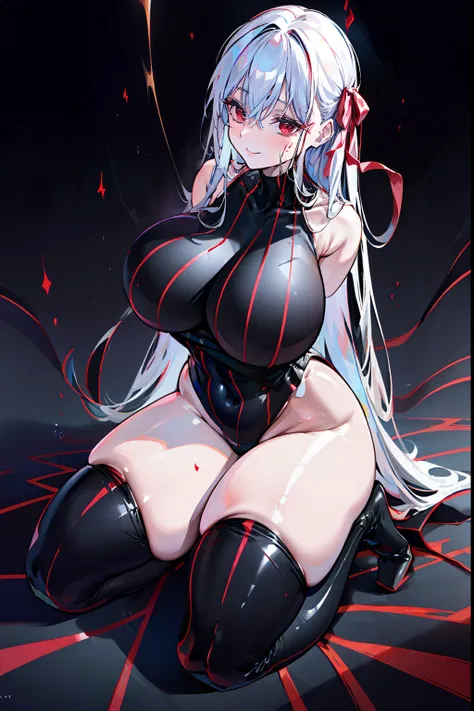 Black full body suit　huge tit　Big ass　seductiv　a smile　Obscene lines　Whip thighs　Red lines all over the body　Support your chest with your arms